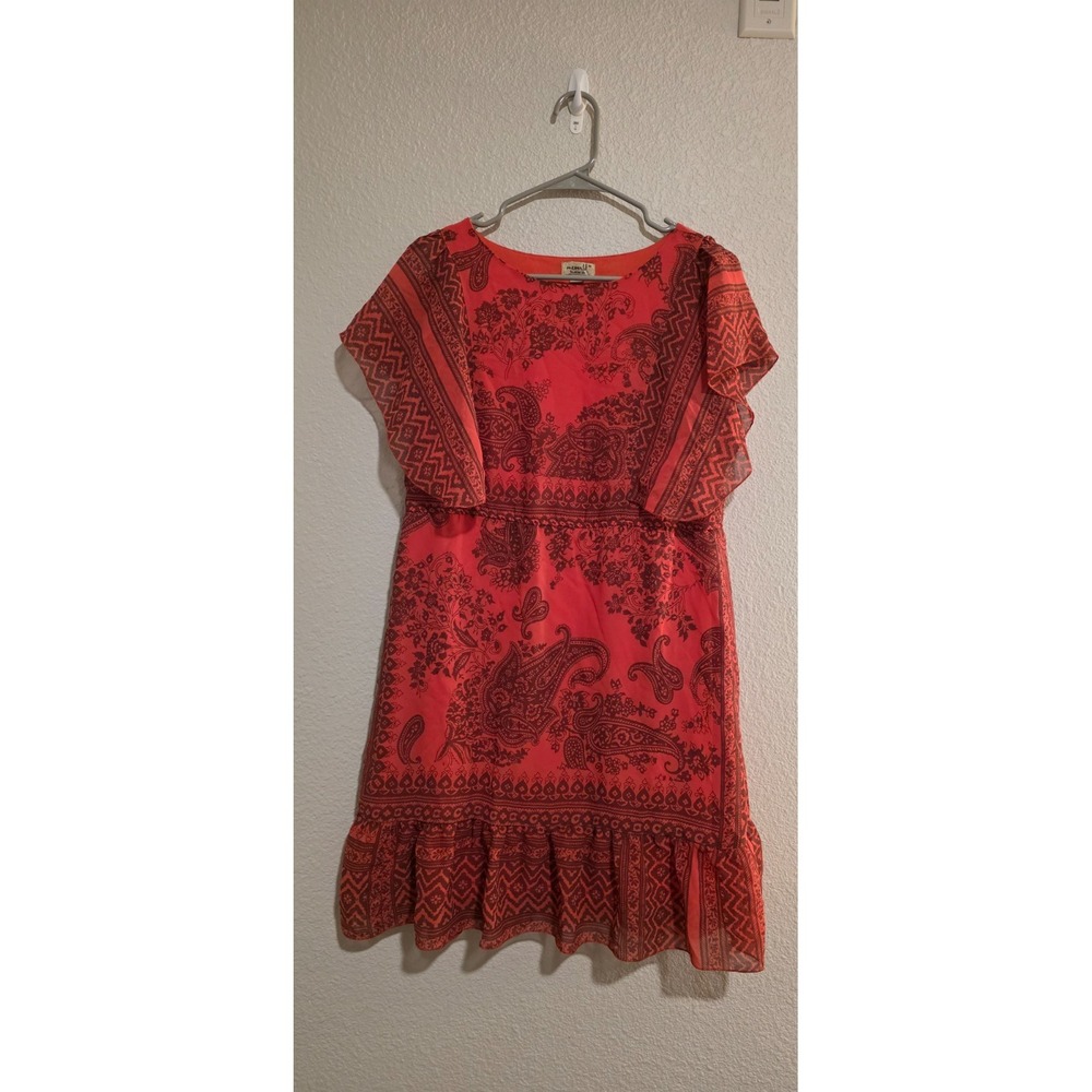 One World Live & Let Live Dress Women's Medium Red Paisley Print Flutter Sleeve